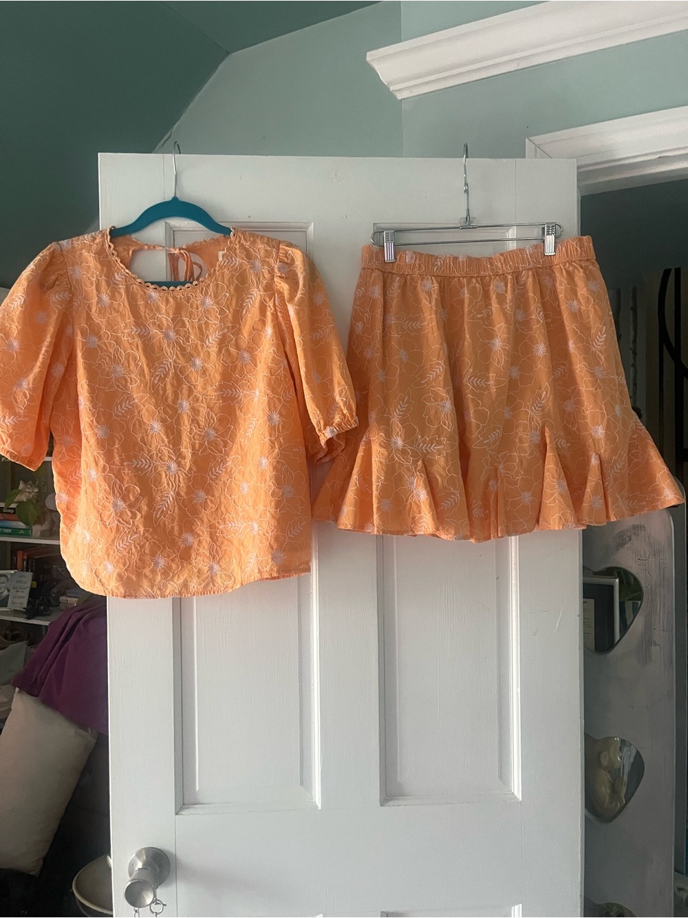 Peach Embroidered Two-Piece Top & Skirt Set